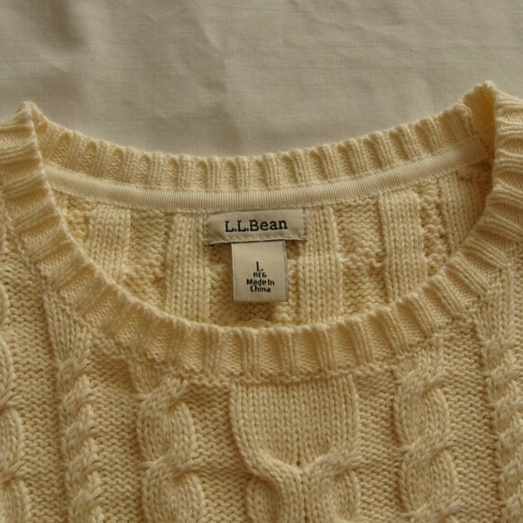 Vintage LL BEAN Buttercream Beige Long Sleeve CABLE Knit THICK SWEATER Sz LARGE - Picture 4 of 8